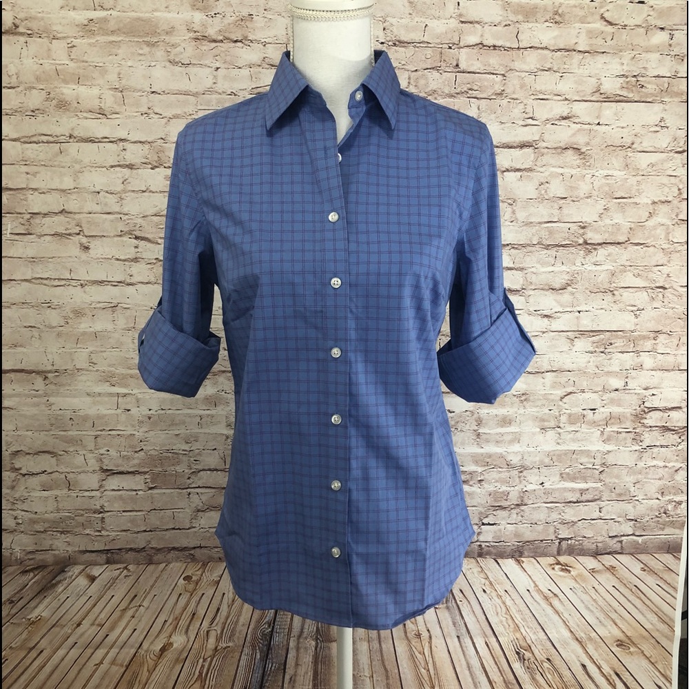 Lands’ End Blue Button Up Shirt Women’s Size 4 Roll Tab Sleeves NWOT Broadcloth